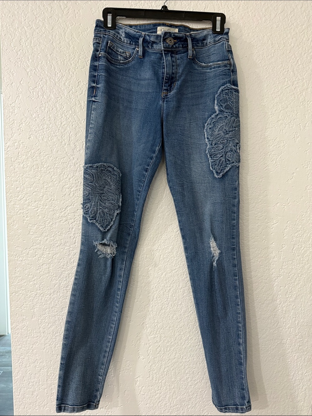 Jessica Simpson Medium Blue Skinny Jeans with Lace Patch Accents